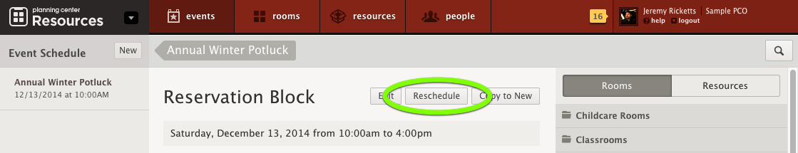 A reservation block in Planning Center Calendar with the button to reschedule highlighted.