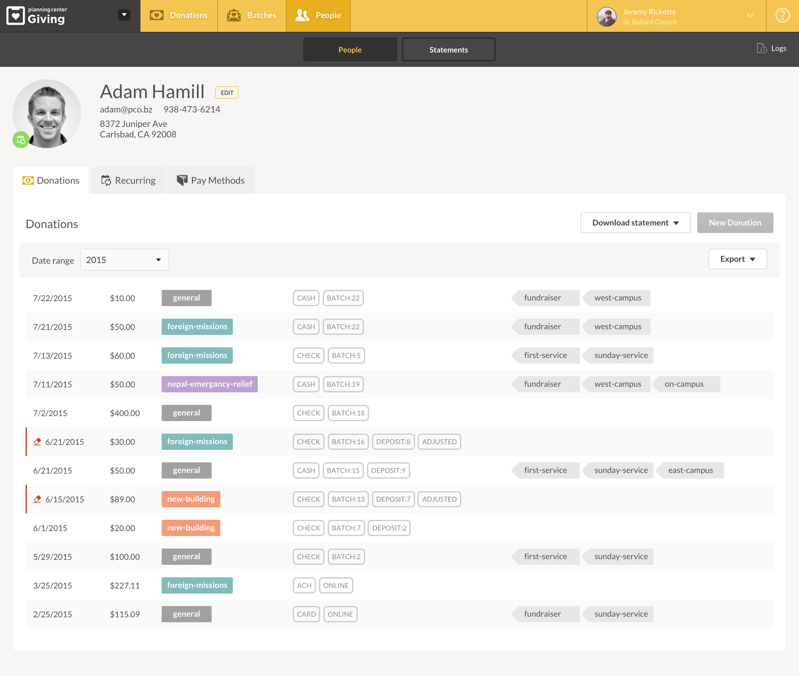 Planning Center Giving donor profile with donation history.