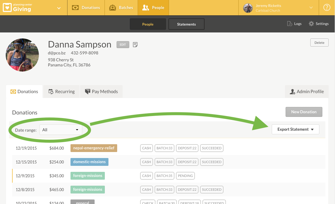 A date range filtering drop-down menu with the option to export a donation statement.