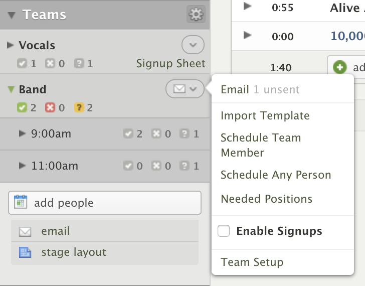 A teams modal in Services displaying the email option drop-down with scheduling options.