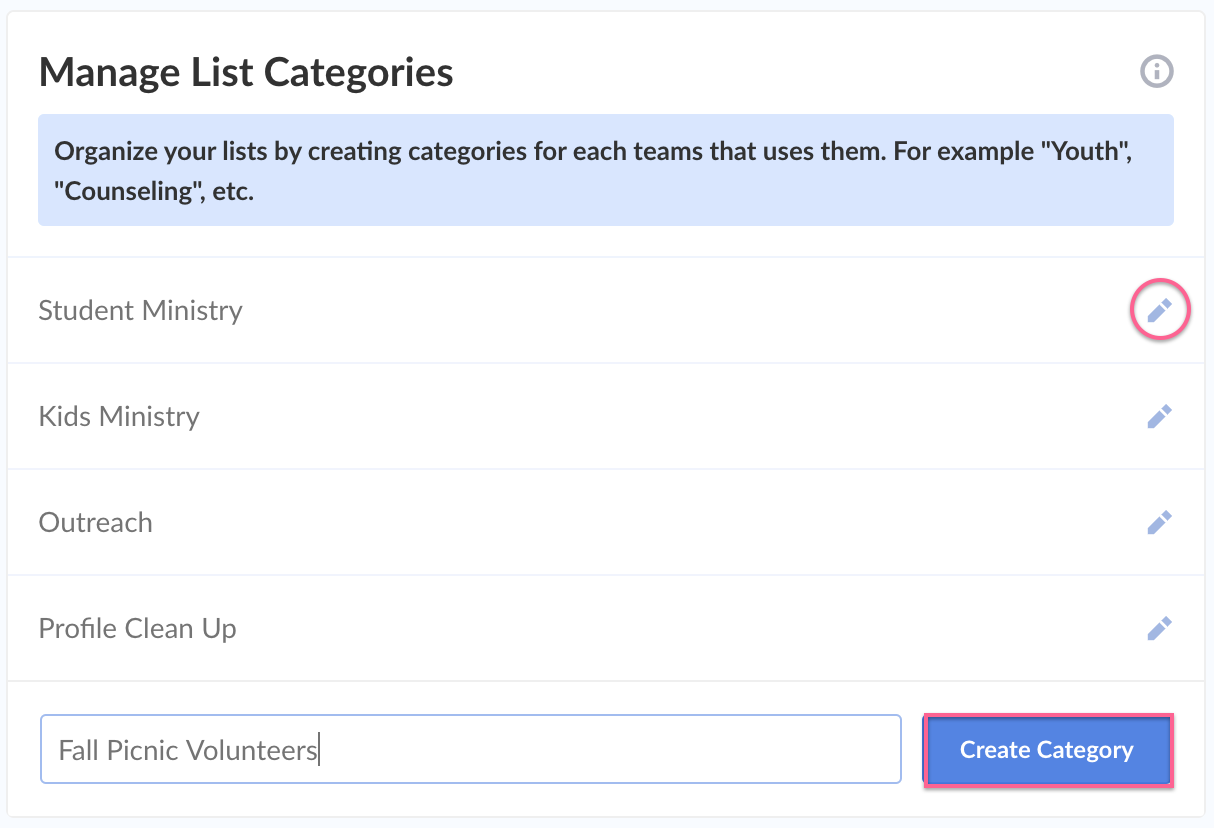 Manage List Categories