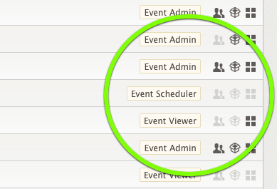 A list of events with the event admin or schedule tags assigned to them.