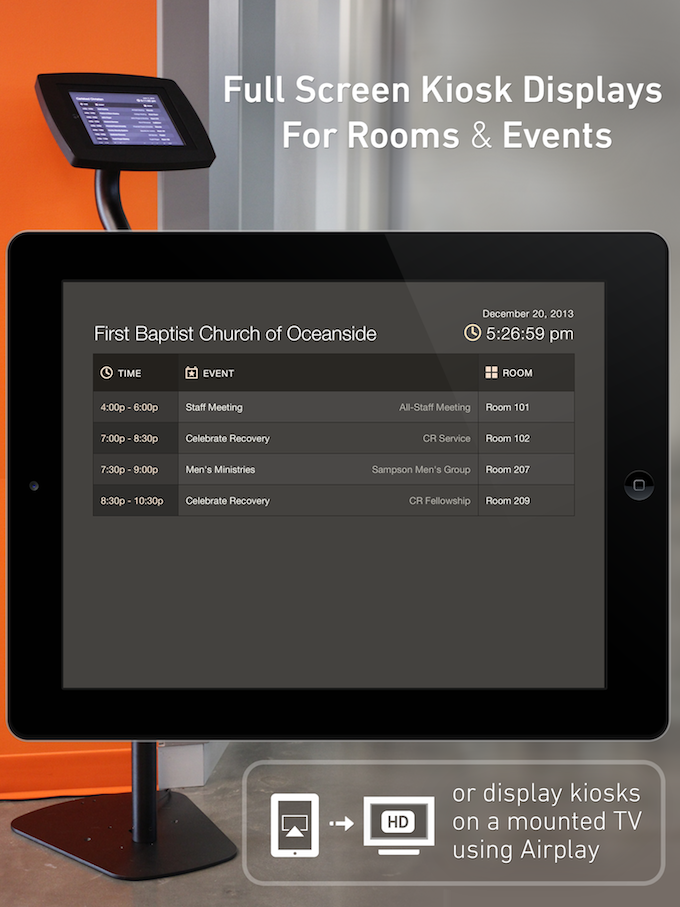 An iPad on a stand displaying a list of events and their start times and locations.